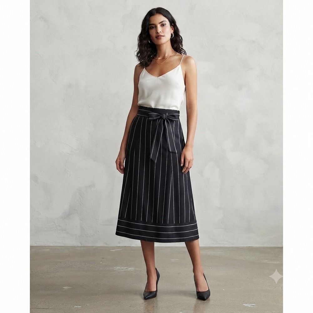Banana Republic Pinstripe Midi Skirt Tie Waist Pleated Black White Size 4